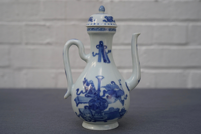 A Chinese blue and white ewer and cover with 'antiquities' design, Kangxi